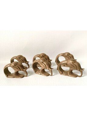 Hand-Carved Wooden Elephant Napkin Rings Set Of 6 Rustic Table Decor